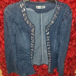 Mengnasai Women's Embellished Open Front Denim Jacket Size 2XL/4XL